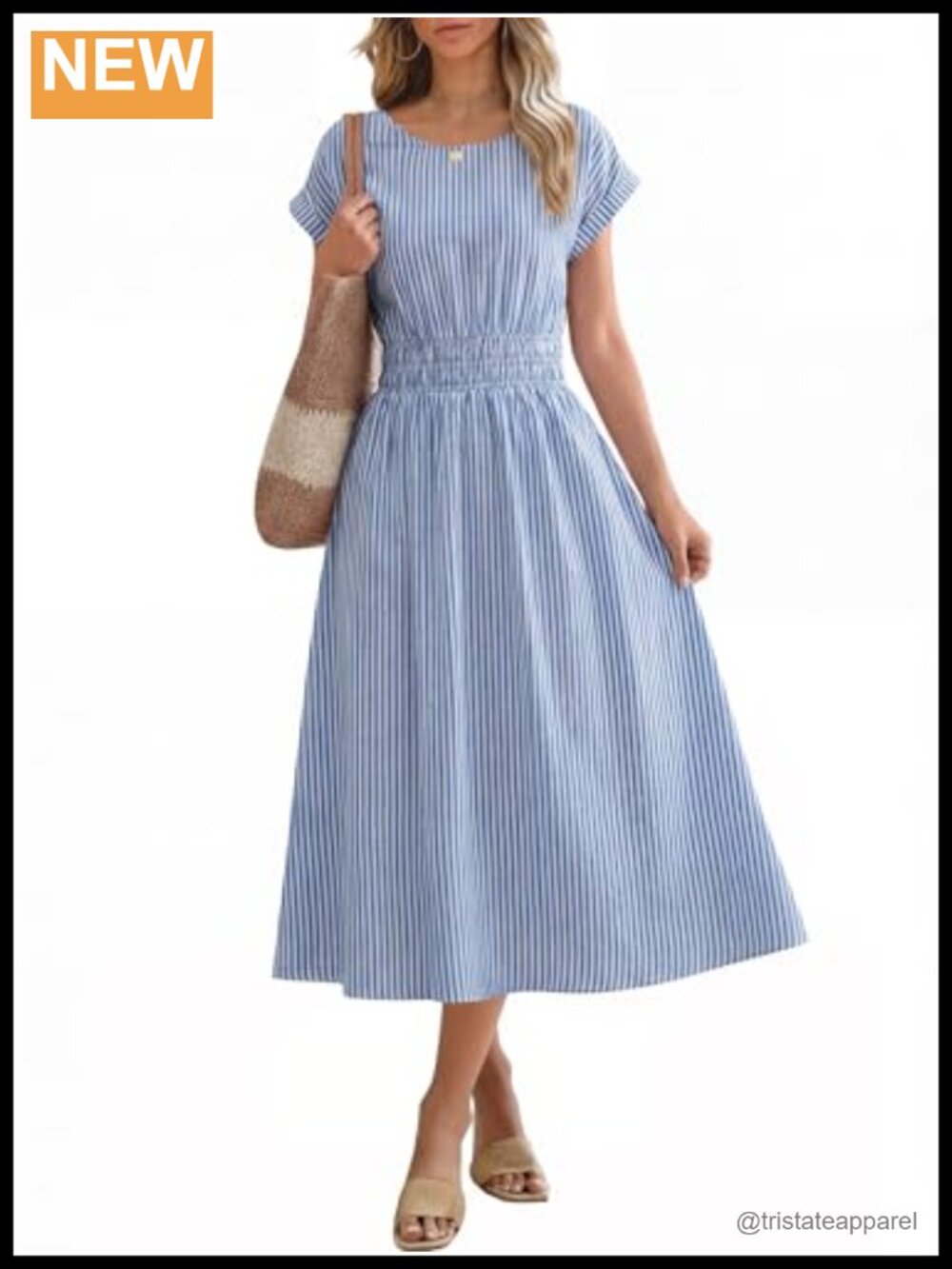 Women's Summer Midi Dress Short Sleeve Crewneck Elastic Waist Flowy Beach Dress